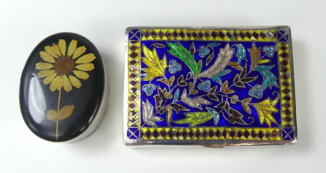 2pc STERLING SILVER & ENAMEL SNUFF / PILL BOXES: Two sterling silver and enamel snuff or pill boxes. Rectangular with foliate design measures 2 1/8" x 1 1/2".