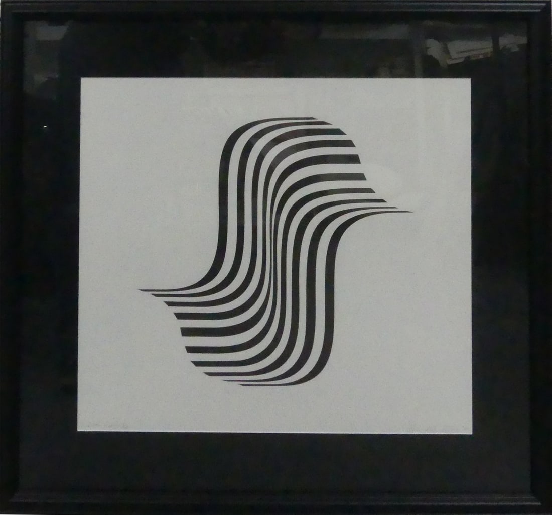 BRIDGET RILEY 'WINGED CURVE' SCREENPRINT: Bridget Riley 'Winged Curve' screenprint. Pencil signed and dated 1966 lower right. Marked Artists Proof and numbered 7/10 lower left. Viewable measures 23 1/4" x 21 1/2". Frame measures 33 1/4" x 31"