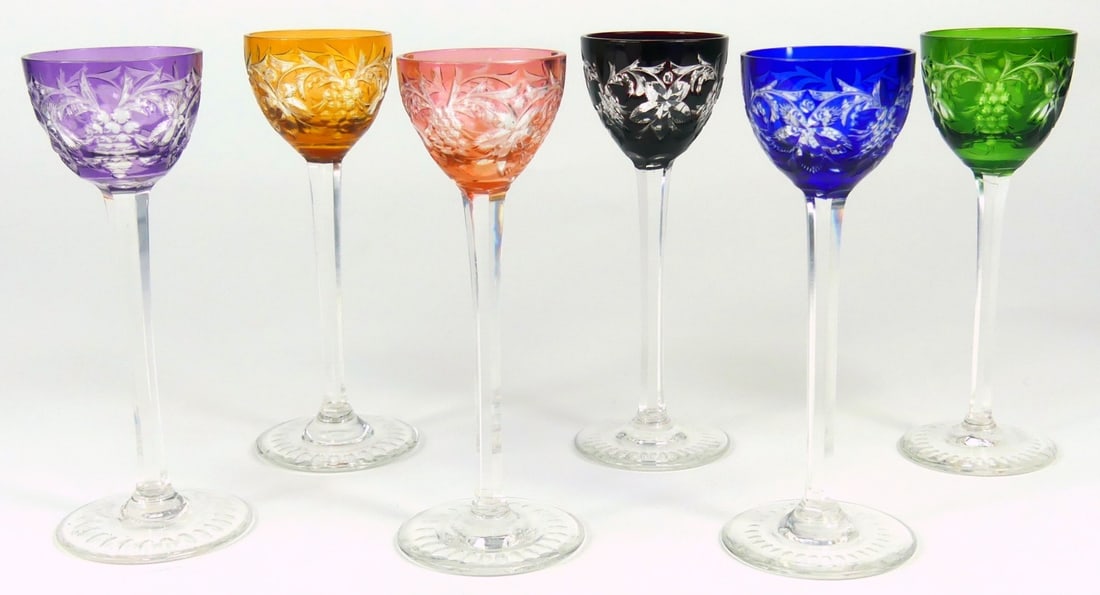 6pc BOHEMIAN CUT TO CLEAR GLASS CORDIALS (1 of 6)