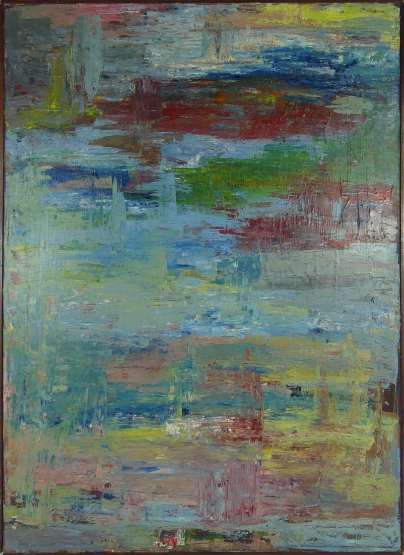 ABSTRACT MID-CENTURY OIL PAINTING ON CANVAS: Abstract mid-century oil painting on canvas. Frame measures 30 1/2" x 22 1/2" x 3/4".