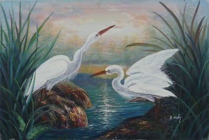 A. MALEY 'EGRETS' OIL PAINTING ON CANVAS