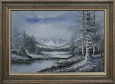 SNOWY MOUNTAIN LANDSCAPE OIL ON CANVAS SIGNED