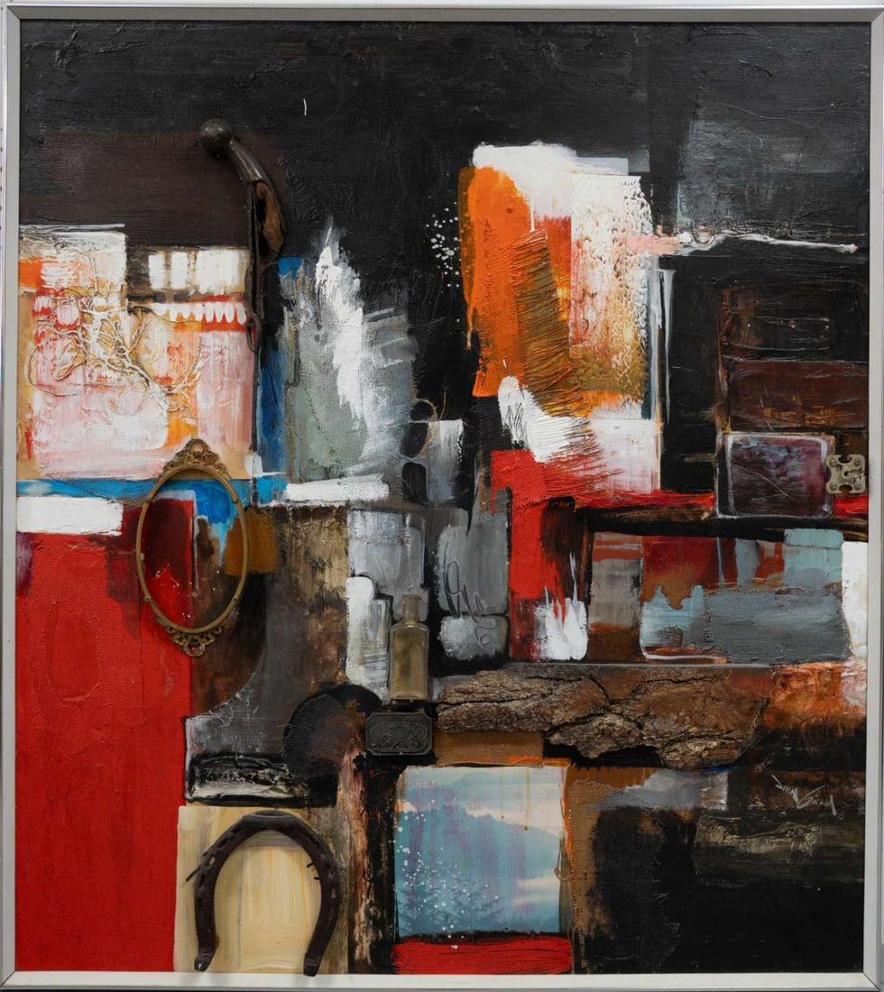 JONAS GERARD MIXED MEDIA ON BOARD: Jonas Gerard mixed media with collage on board. Signed lower right. Signed to verso and dated 10-11-80. Viewable measures 47 1/2" x 41 1/2". Frame measures 50" x 44" x 3".