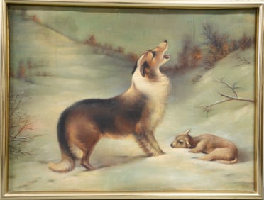 HOWLING COLLIE OIL PAINTING ON CANVAS SIGNED