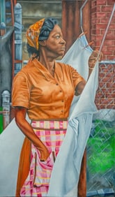 OIL PAINTING ON CANVAS 'WOMAN HANGING LAUNDRY'