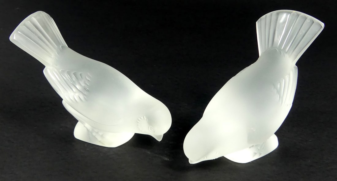 PR LALIQUE FROSTED CRYSTAL 'SPARROW' PAPERWEIGHTS: Pair of Lalique French frosted crystal 'Sparrow' paperweights. Each signed to underside and measures 4 1/2" x 4" x 2".