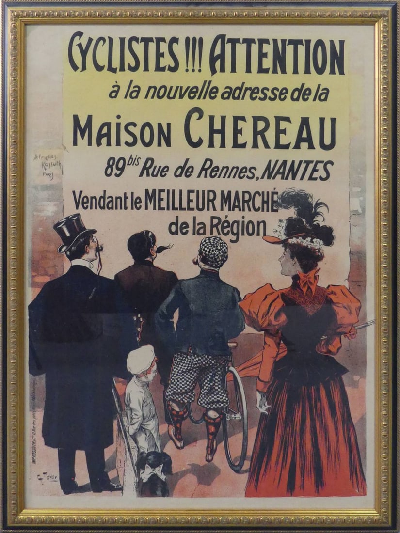 CHARLES TICHON FRENCH CYCLING ADVERTISING POSTER: French Bicycle advertising poster. Viewable measures 48 3/4" x 35 1/4". Frame measures 54 1/4" x 41 1/4" x 1 1/2".