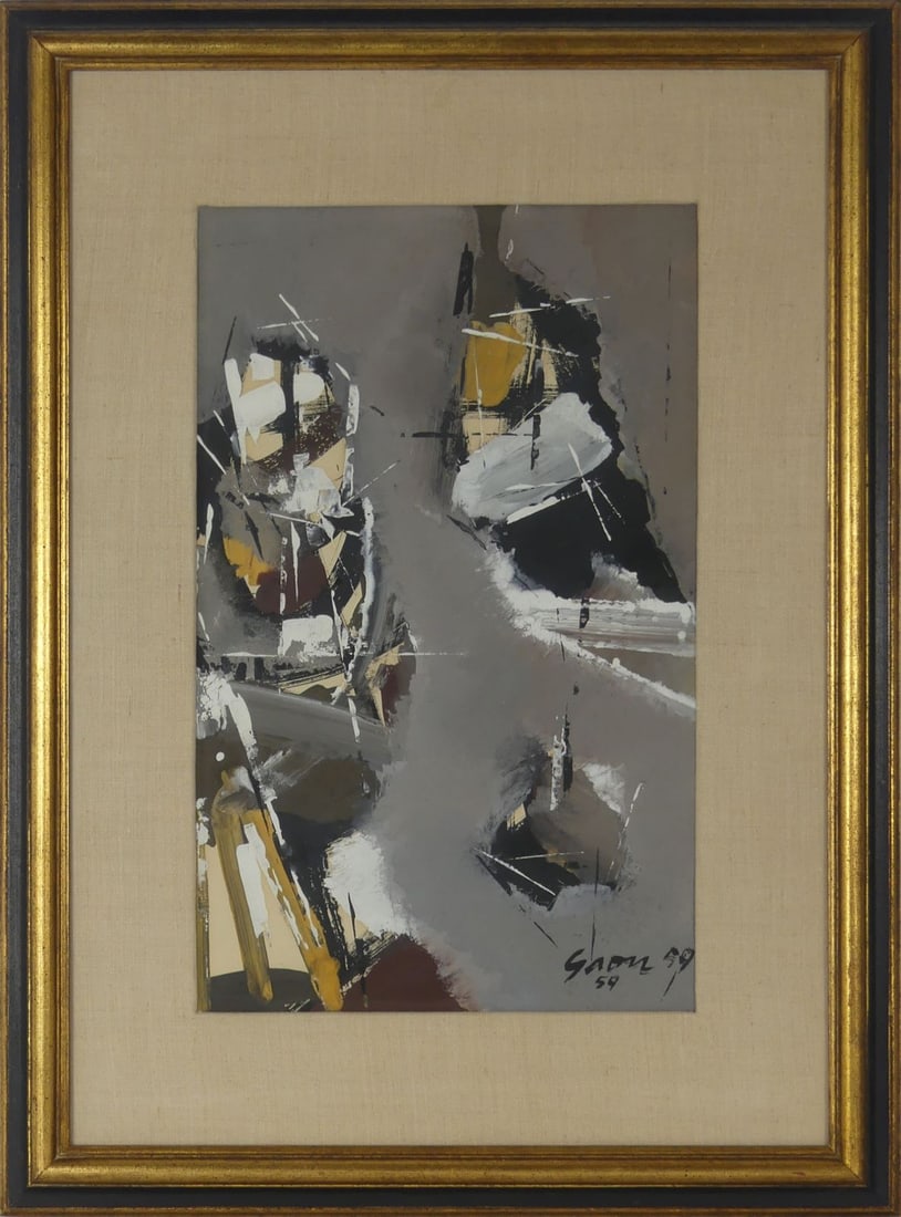 SIDNEY GROSS ABSTRACT GOUACHE PAINTING ON PAPER: Sidney Gross (American, 1921-1969) abstract gouache painting on paper. Signed lower right and dated 1959. Viewable measures 16 3/4" x 10 1/2". Frame measures 25" x 18 3/4".