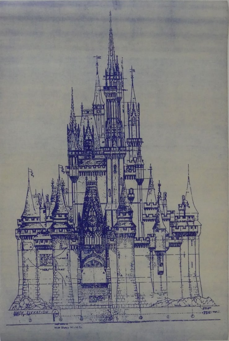 WALT DISNEY WORLD FANTASYLAND CASTLE BLUEPRINT: Copy of Walt Disney World blueprint for Fantasyland Castle, South Elevation. Measures 36 1/4" x 24".