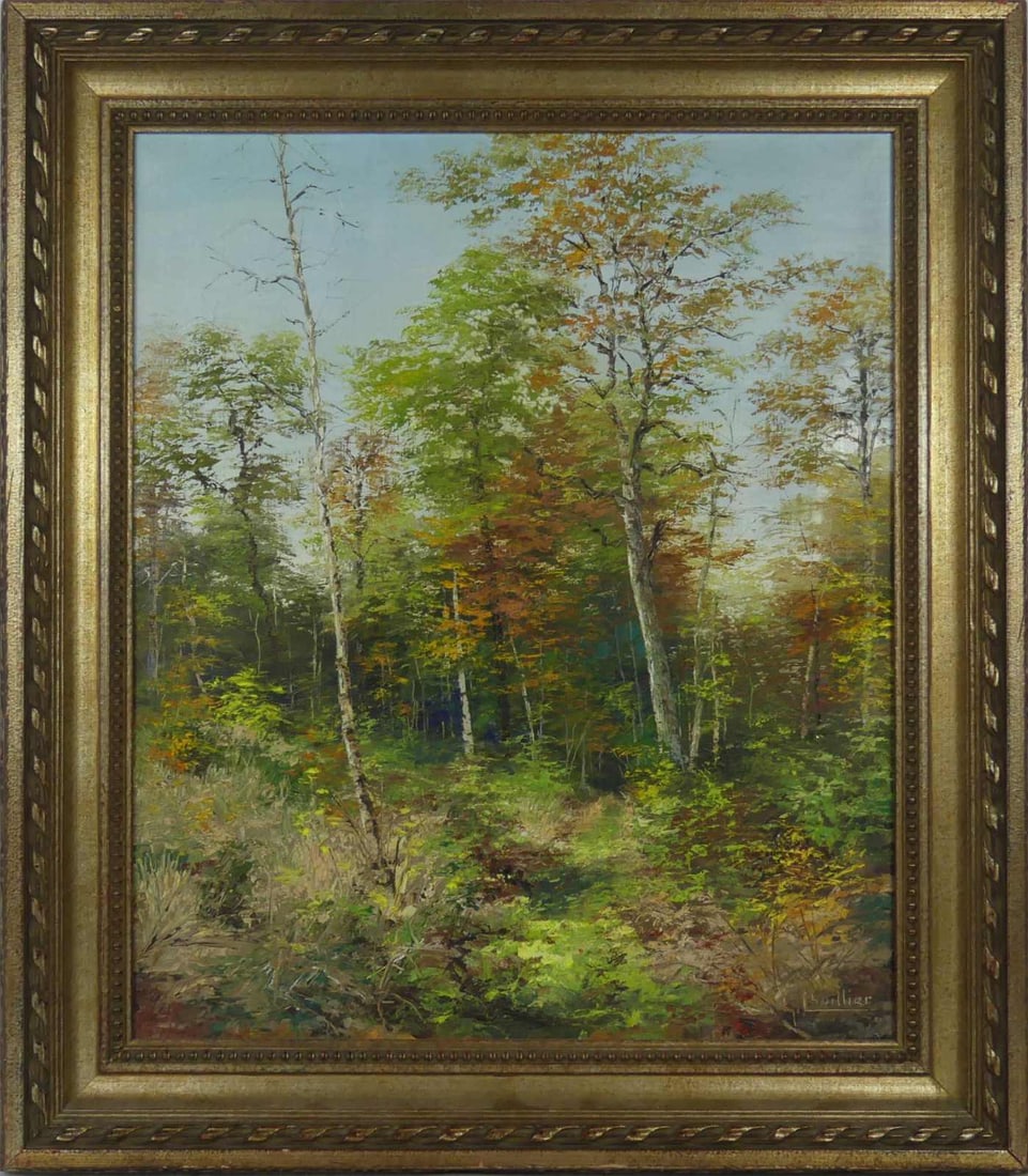 JACQUES L'HUILLIER 'LA FORET' OIL ON CANVAS: Jacques L'Huillier (French) oil painting on canvas depicting a wooded landscape. Signed lower right. Titled La Foret Apres la Coupe, signed and dated 1962 to verso. Viewable measures 21" x 17 1/2". Fr