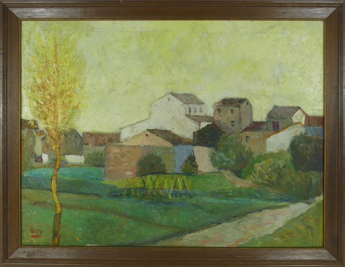 VINCENT CLAVO GIL AKA TARTY OIL ON BOARD: Vicente Clavo Gil (Spanish,1923-1993) oil painting on board depicting a landscape with houses. Signed lower left. Viewable measures 31 3/4" x 23 1/2". Frame measures 36" x 28".