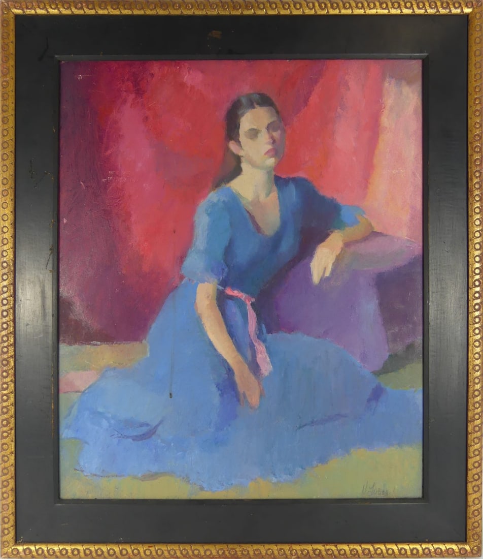 OIL PAINTING ON BOARD 'LADY IN BLUE DRESS' SIGNED: Oil painting on masonite depicting a lady in blue dress. Signed N. Lober (?) lower right. Viewable measures 23 1/4" x 19 1/4". Frame measures 29 3/4" x 25 1/4".