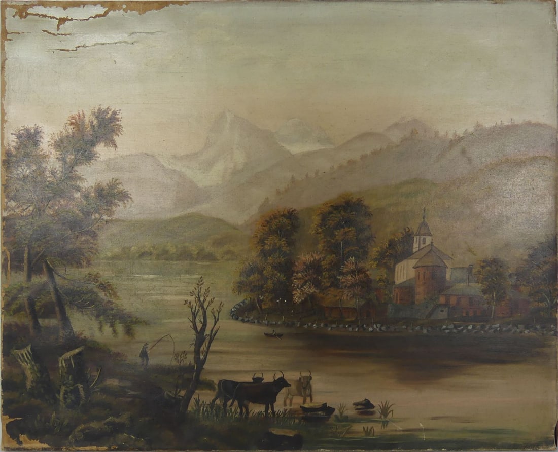 CONTINENTAL 'LANDSCAPE w CHURCH' OIL ON CANVAS: Continental oil painting on canvas depicting a landscape with church, fisherman and cows. Measures 22 1/2" x 18 1/4".