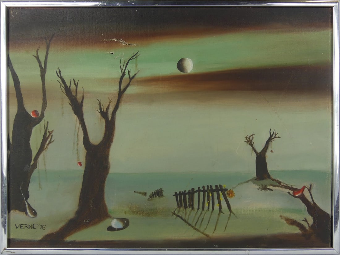 VERNE SURREALIST OIL PAINTING ON CANVAS: Surrealist oil painting on canvas depicting a landscape with barren trees. Signed VERNE and dated 1976 lower left. Frame measures 16 1/2" x 12 1/2".