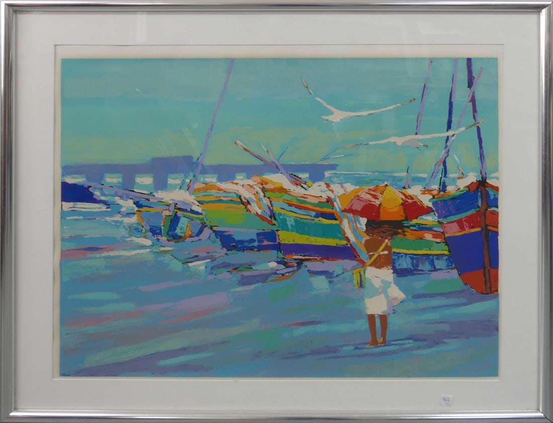 NICOLA SIMBARI 'WOMAN AT DOCK' SERIGRAPH: Nicola Simbari 'Woman at Dock' serigraph. Pencil signed and numbered to lower margin (obscured by mat). Viewable measures 39" x 33". Frame measures 48" x 42 1/2".