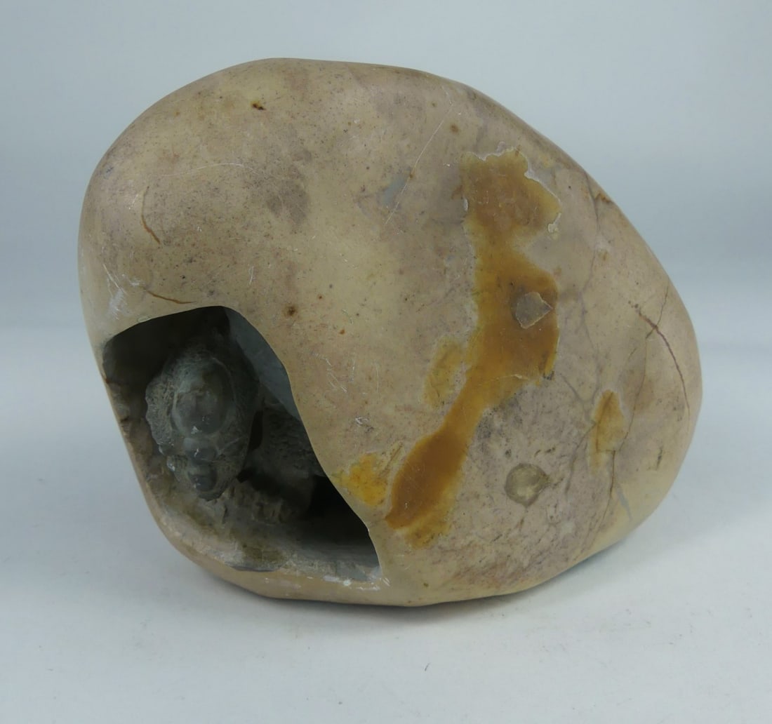 CHINESE CARVED SHOUSHAN TURTLE IN EGG: Chinese carved shoushan stone turtle in a hollowed egg-form boulder. Carved symbol to side. Measures 5 1/8" x 3 3/4" x 2 1/4".