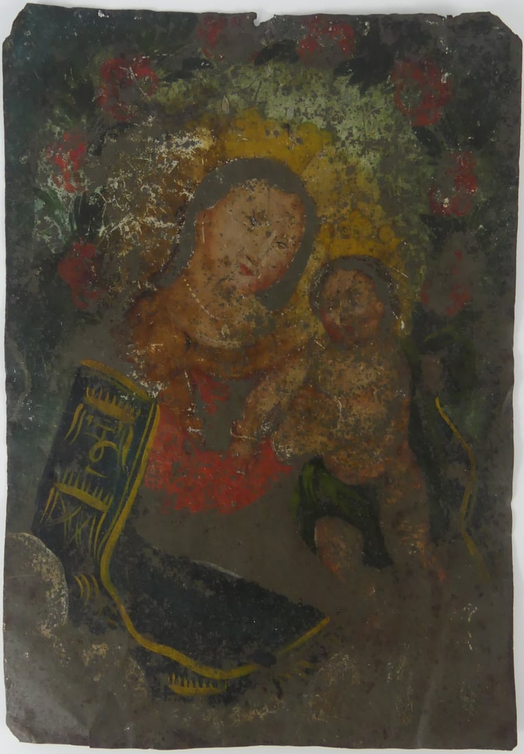 ANTIQUE MOTHER & CHILD RETABLO PAINTING ON TIN: Antique painting on tin depicting Mother and Child. Circa 1800. Probably Spanish. Measures 13 7/8" x 10 1/8".