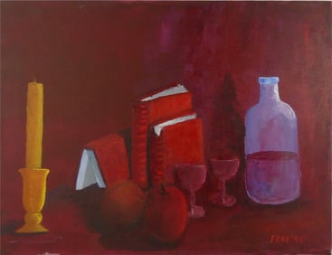 STILL LIFE w BOOKS, GOBLETS & FRUIT OIL ON CANVAS