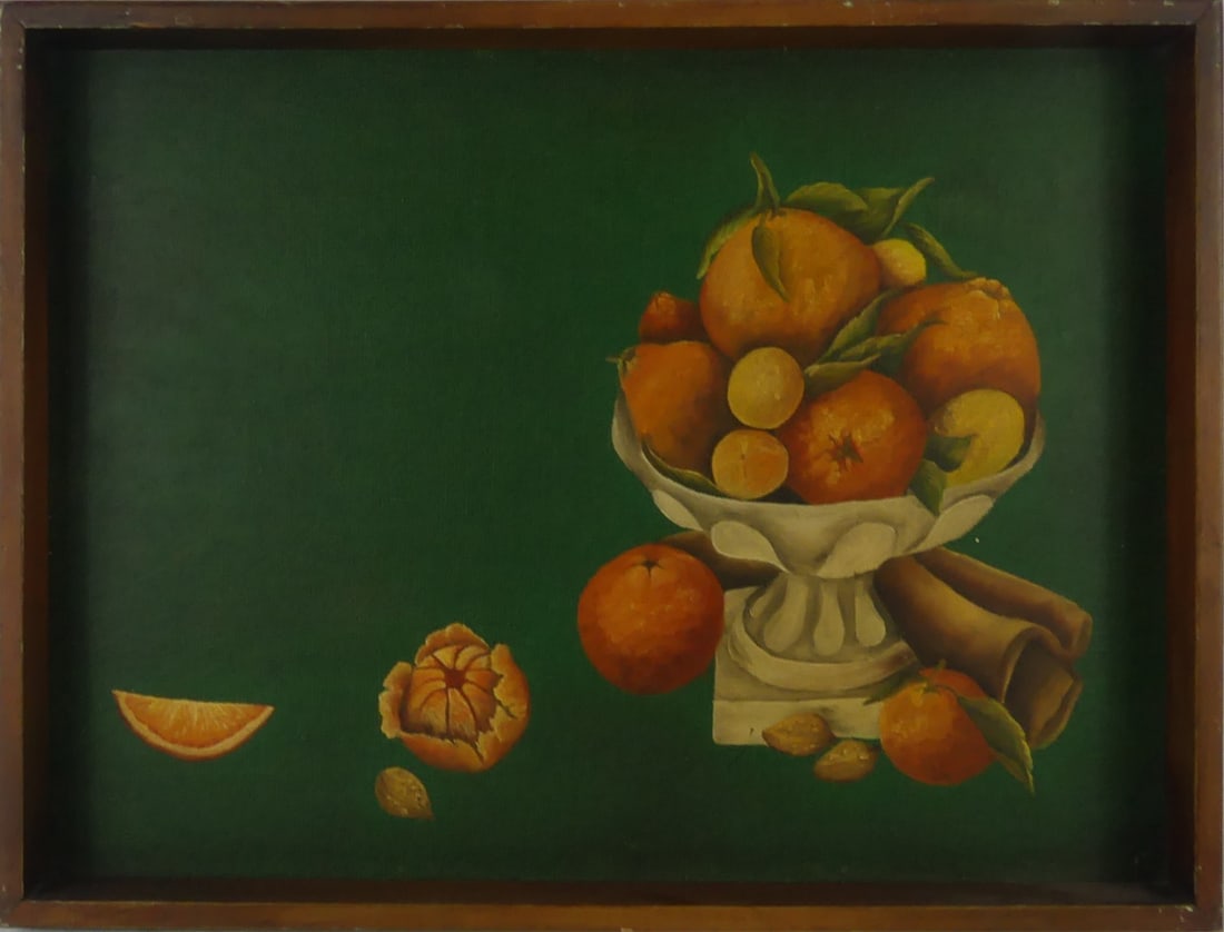 OPAL TONEY 'ORANGES' STILL LIFE OIL ON BOARD: Opal Toney (aka Mrs. Ted R. Toney) oil painting on canvas board depicting a still life with oranges. Signed, dedicated and dated 1966 to verso. Viewable measures 15 1/2" x 11 1/2" x 1 3/8".