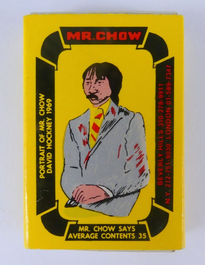 ED RUSCHA & DAVID HOCKNEY MR. CHOW MATCHBOX: Ed Ruscha and David Hockney Mr. Chow matchbox with matches. Measures 2" x 1 3/8" x 1/2".