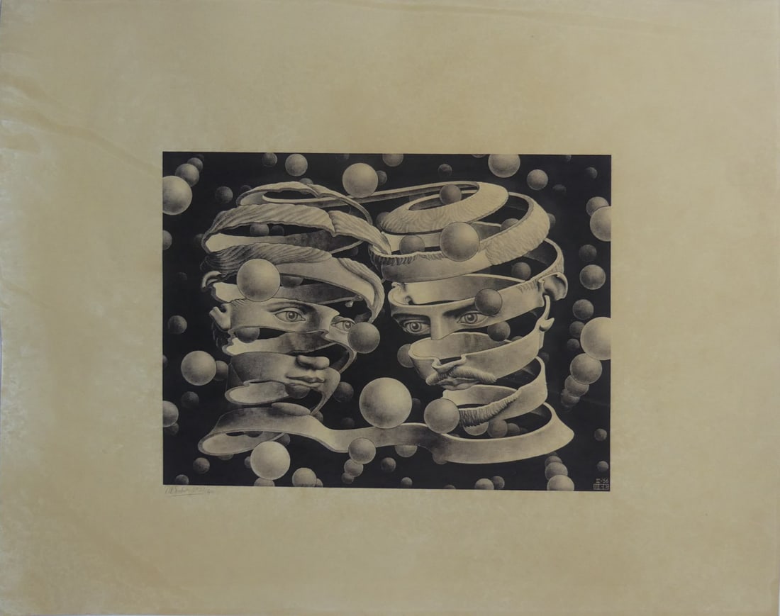 M.C. ESCHER 'BOND OF UNION' LITHOGRAPH: M.C. Escher (1898-1972) 'Bond of Union' lithograph after the original plate. Signed and numbered lower left in the plate. Sheet measures 25 3/8" x 20 3/8".