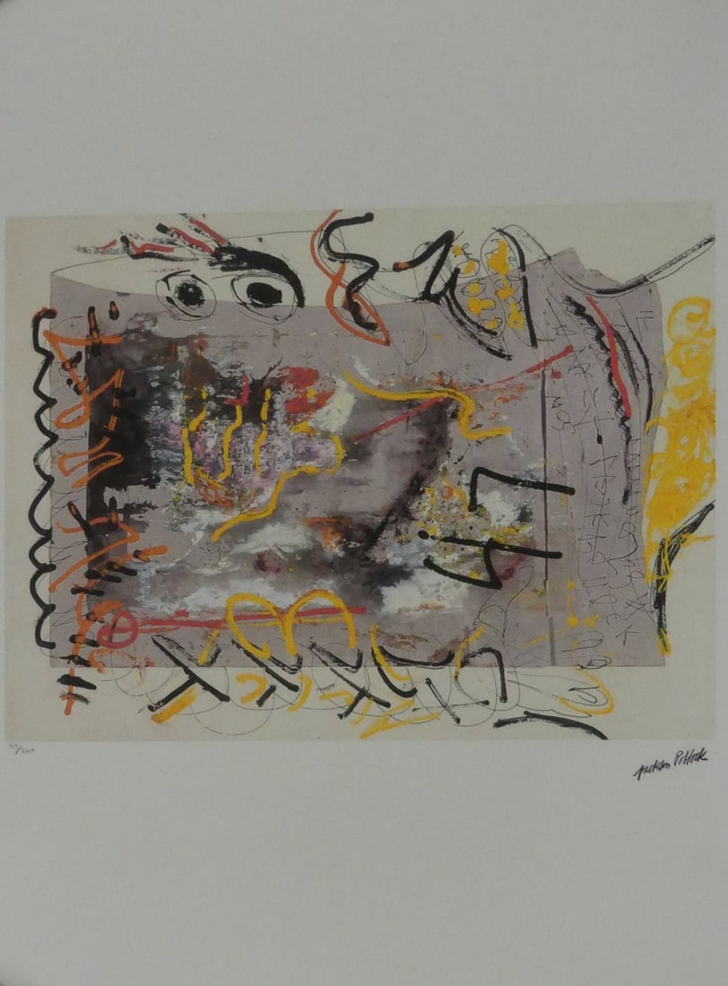 JACKSON POLLOCK 'ABSTRACT COMPOSITION' LITHOGRAPH: Jackson Pollock lithograph depicting an abstract composition. Signed in the plate lower right. Numbered 33/300 and holds SPADEM blindstamp in pencil lower left. Sheet measures 27 1/2" x 19 3/4"