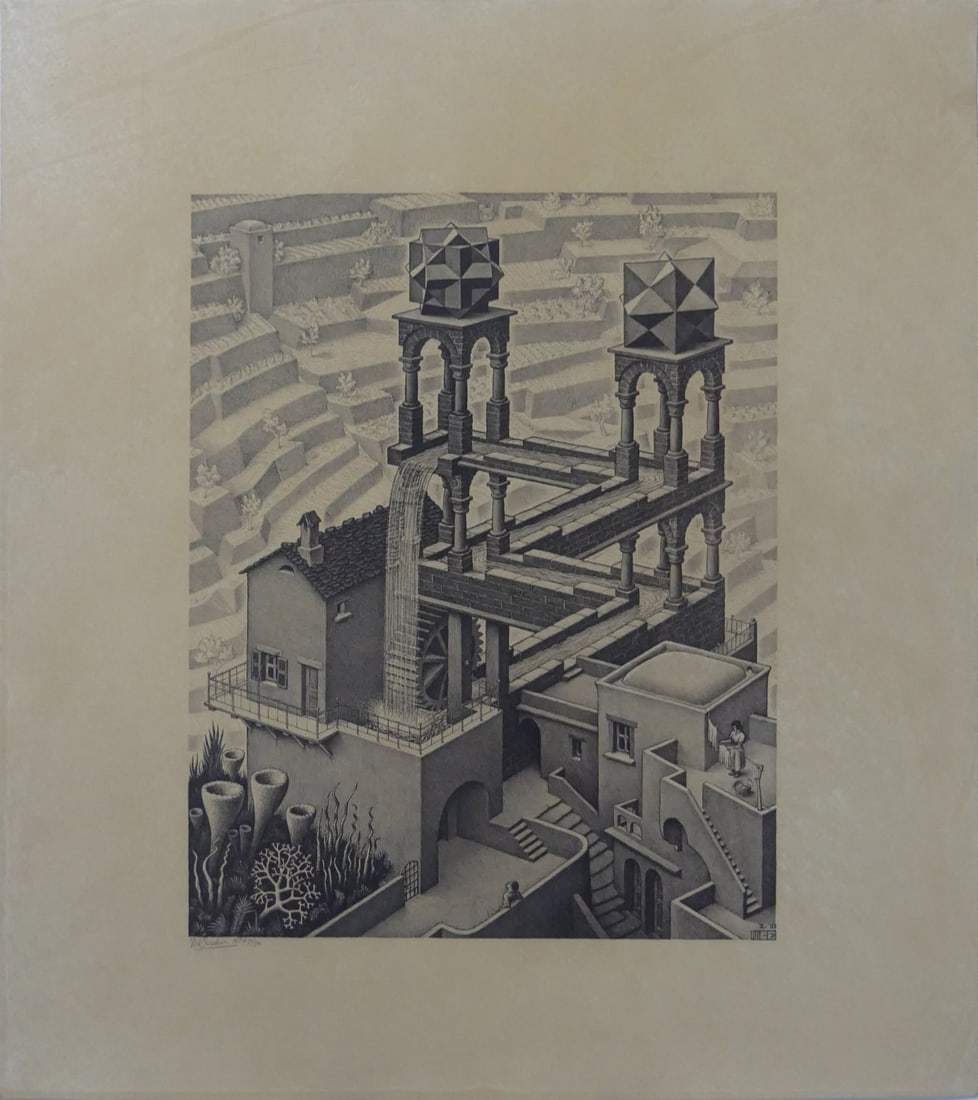 M.C. ESCHER 'WATERFALL' LITHOGRAPH: M.C. Escher (1898-1972) 'Waterfall' lithograph after the original plate. Signed and numbered lower left in the plate. Sheet measures 24 1/4" x 21 1/2".