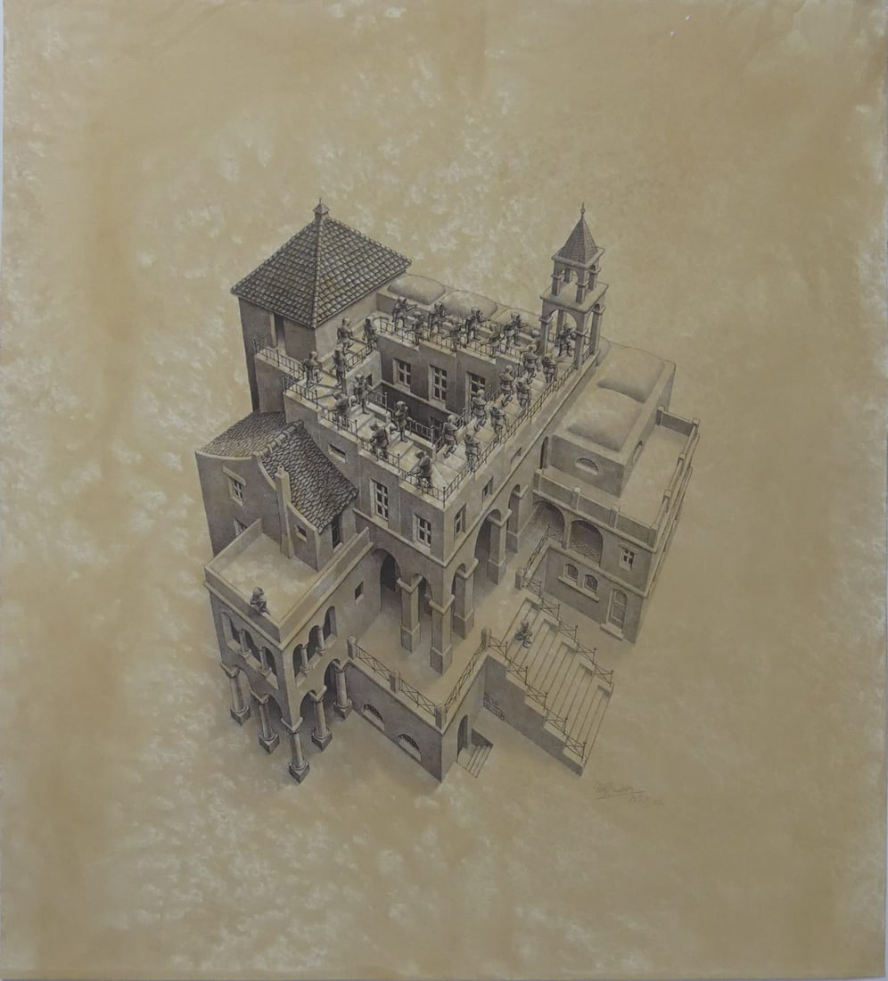 M.C. ESCHER 'ASCENDING & DESCENDING' LITHOGRAPH: Maurits Cornelis Escher 'Ascending and Descending' lithograph after the original plate. Signed and numbered in the plate lower right. Sheet measures 24 1/8" x 21 1/2".