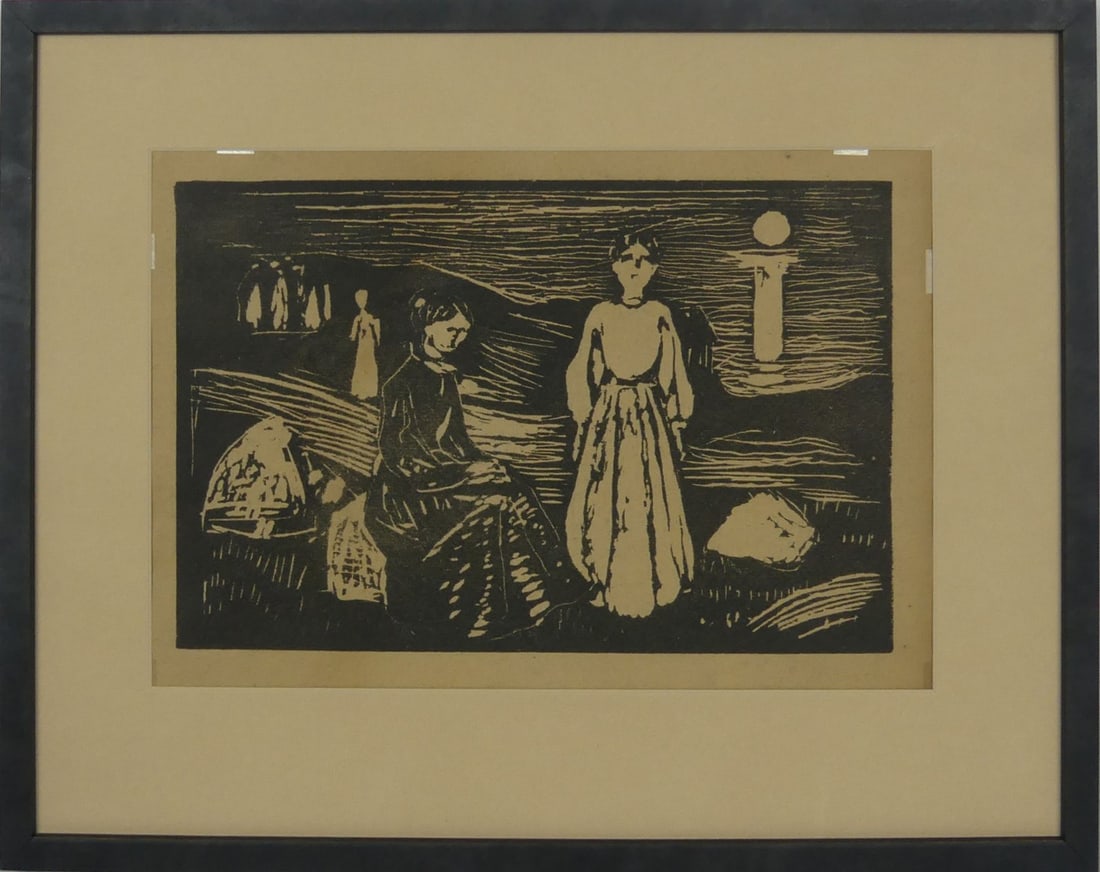 EDVARD MUNCH 'WOMEN ON THE BEACH' WOODCUT: Edvard Munch 'Women on the beach' woodcut. Pencil signed lower right. Image measures 12 3/4" x 8 3/8". Viewable measures 13 7/8" x 9 5/8". Frame measures 19 1/2" x 15 1/2" x 1 1/4". Note: missing glas