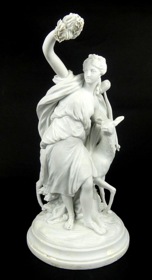 BOIZOT 'DIANA & THE DOE' BISQUE FIGURE: Louis-Simon Boizot "Diana a la Biche' bisque sculpture. Impressed to base and marked to underside. Measures 14" x 7 1/2" x 7 1/2". Note: repair to right arm and white paint throughout. As is!