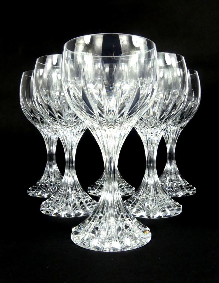 6pc BACCARAT 'MASSENA' CRYSTAL WINE GLASSES: Six Baccarat crystal wine glasses in the 'Massena' pattern. Each marked to underside and measures approx 6 5/8" x 3 1/4" x 3 1/4".