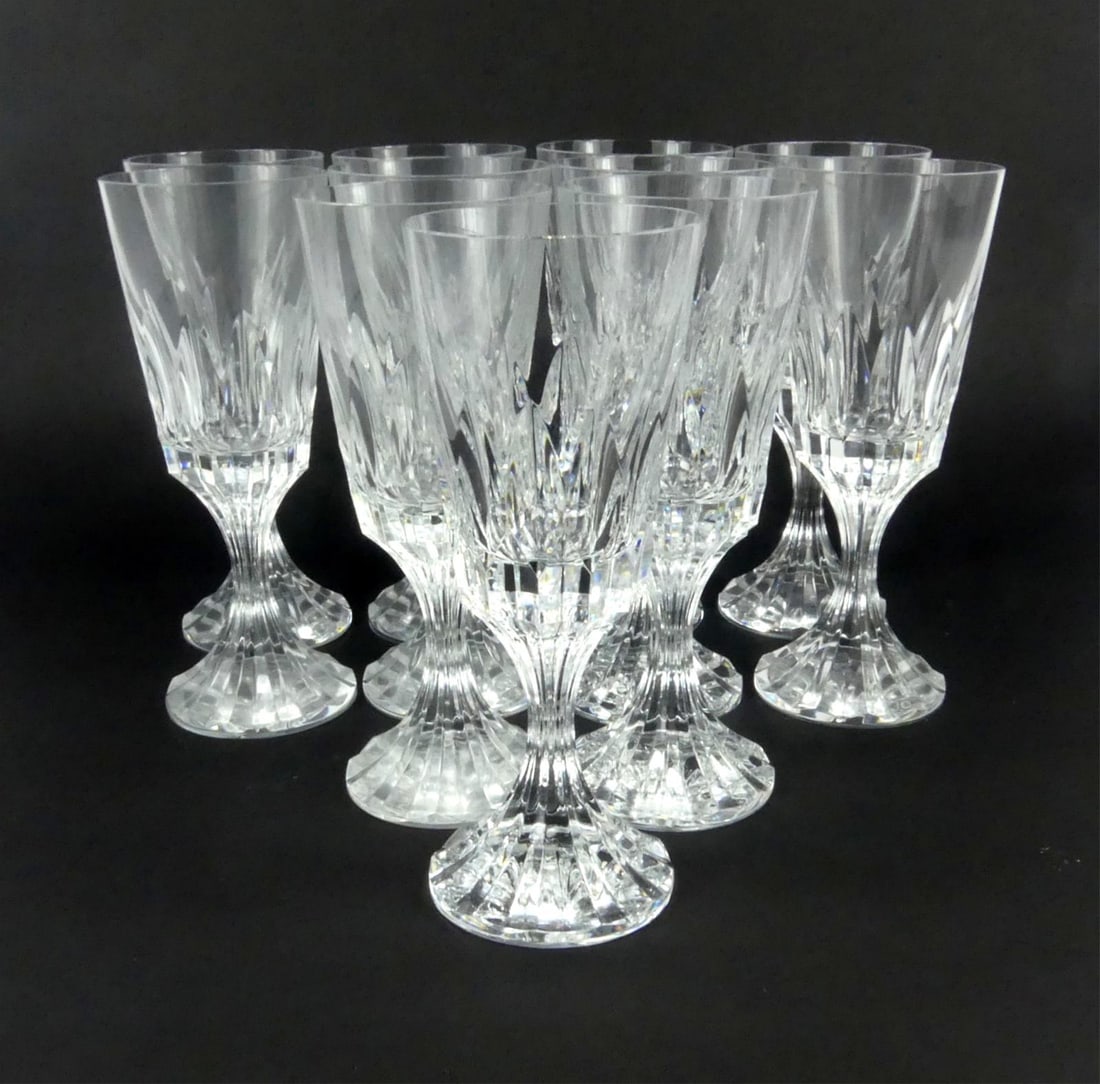 11pc BACCARAT 'D'ASSAS' CRYSTAL WATER GOBLETS: Eleven Baccarat cut crystal water goblet glasses in the D'Assas pattern. Each marked to underside and measures 7 5/8" x 3" x 3".