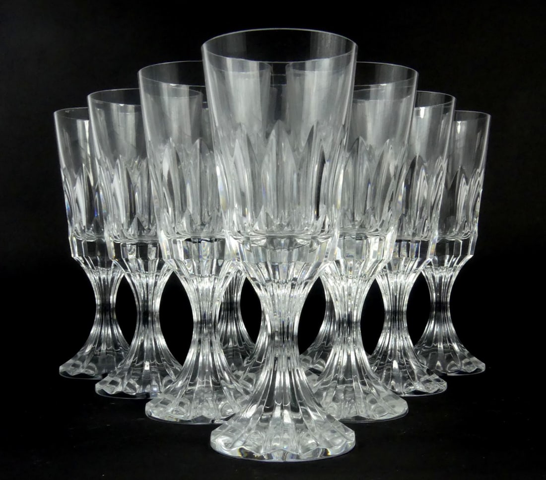 10pc BACCARAT 'D'ASSAS' WHITE WINE GLASSES: 10pc Baccarat cut crystal white wine goblets in the D'Assas pattern. Each marked to underside and measures 6 3/8" x 2 1/2" x 2 1/2".