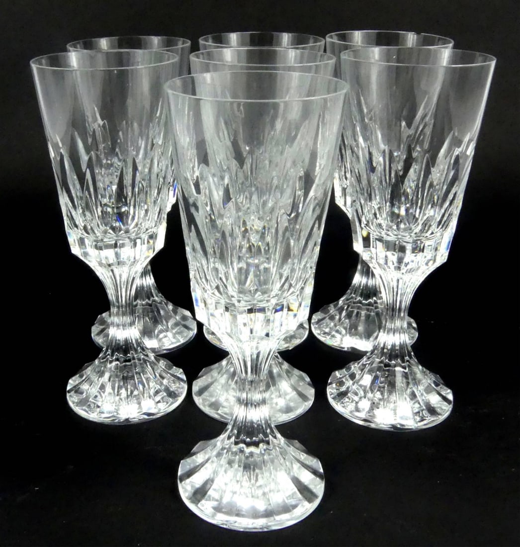 8pc BACCARAT 'D'ASSAS' CRYSTAL CLARET WINE GLASSES: Eight Baccarat cut crystal claret wine goblets in the D'Assas pattern. Each marked to underside and measures 7" x 2 3/4" x 2 3/4". Note: First photo shows seven glasses. The final photo shows the eigh