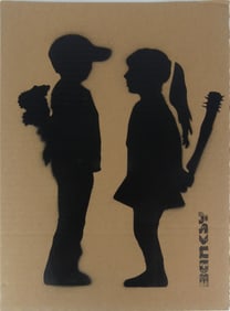 BANKSY 'BOY MEETS GIRL' STENCIL ON CARDBOARD