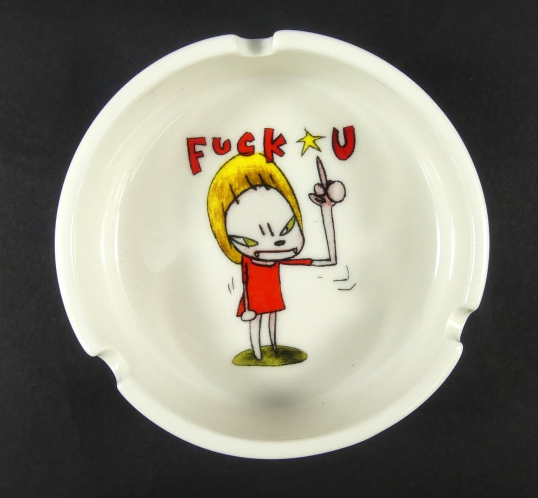 YOSHITOMO NARA 'FUCK U' CERAMIC ASHTRAY: Yoshitomo Nara 'Fuck U' ceramic ashtray. Measures 4" x 4" x 1 1/4".