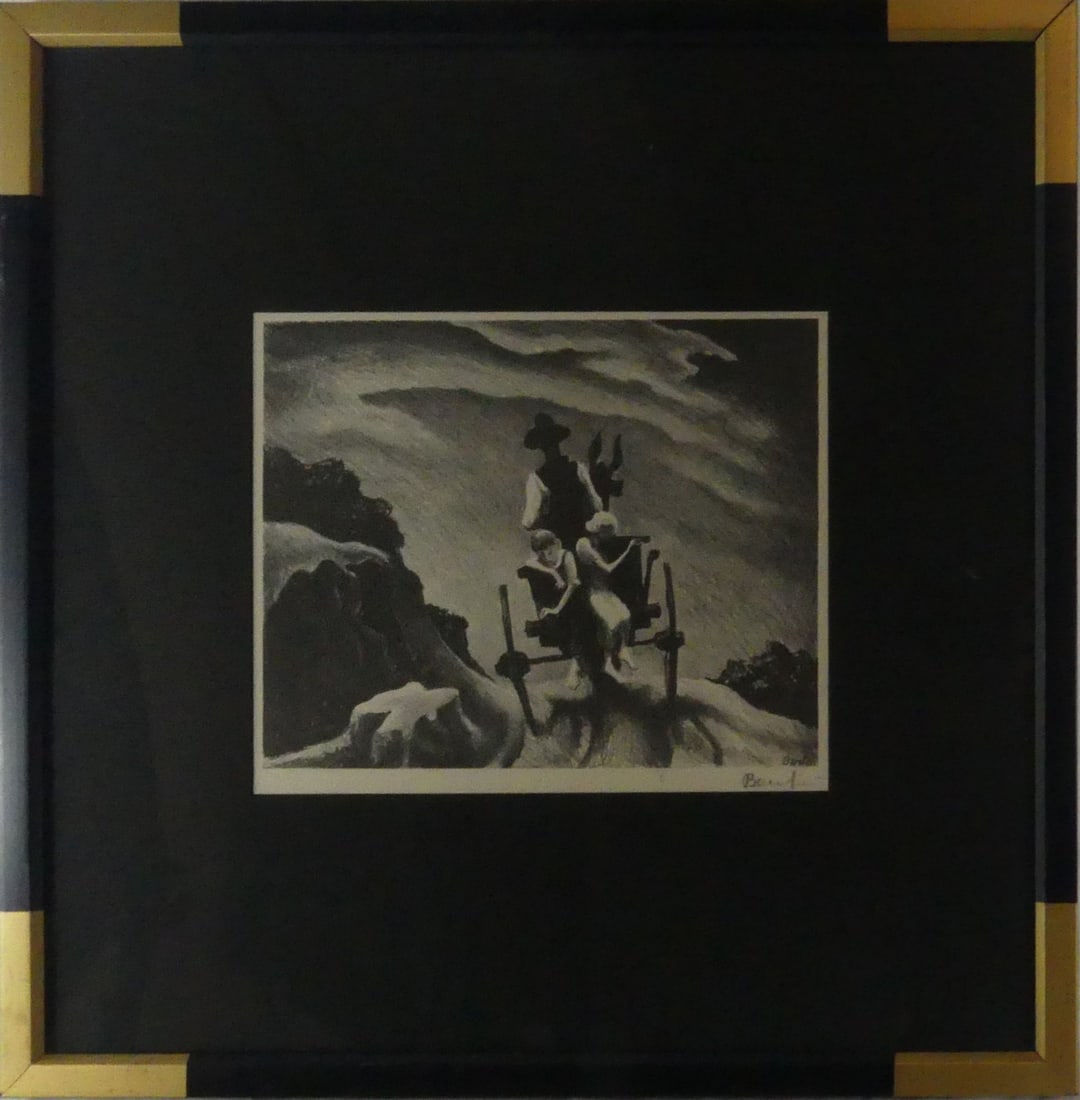 THOMAS HART BENTON 'GOIN HOME' SIGNED LITHOGRAPH: Thomas Hart Benton 'Goin' Home' offset lithograph. Pencil signed lower right. Viewable measures 10 1/4" x 8 1/2". Frame measures 19" x 19" x 1".