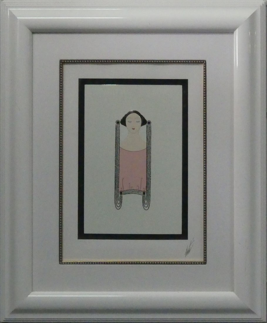 ERTE 'ONYX COIFFURE' SERIGRAPH: Erte 'Onyx Coiffure' embossed serigraph on paper with foil stamping. Embossed signature lower right. Numbered AP 48/50 in pencil lower left. Viewable measures 18 1/2" x 13". Frame measures 30 1/2" x 2