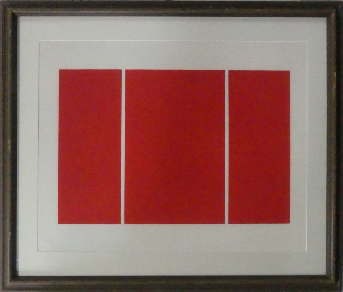 DONALD JUDD 'UNTITLED, 1988' PRINT IN CADMIUM RED: Donald Judd 'Untitled, 1988' print in Cadmium Red. Unsigned. Viewable measures 30 1/2" x 24". Frame measures 39 1/4" x 33 1/4" x 1 1/2".