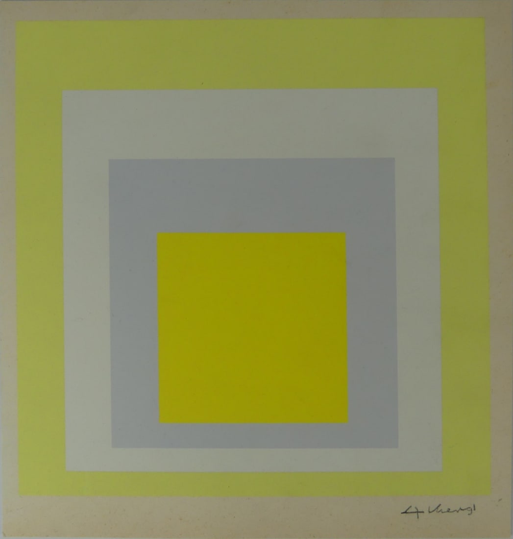 JOSEF ALBERS 'HOMAGE TO THE SQUARE' SIGNED: Josef Albers 'Homage to the Square' silkscreen. Mounted to cardstock. Pencil signed lower right. Measures 10" x 9 5/8".