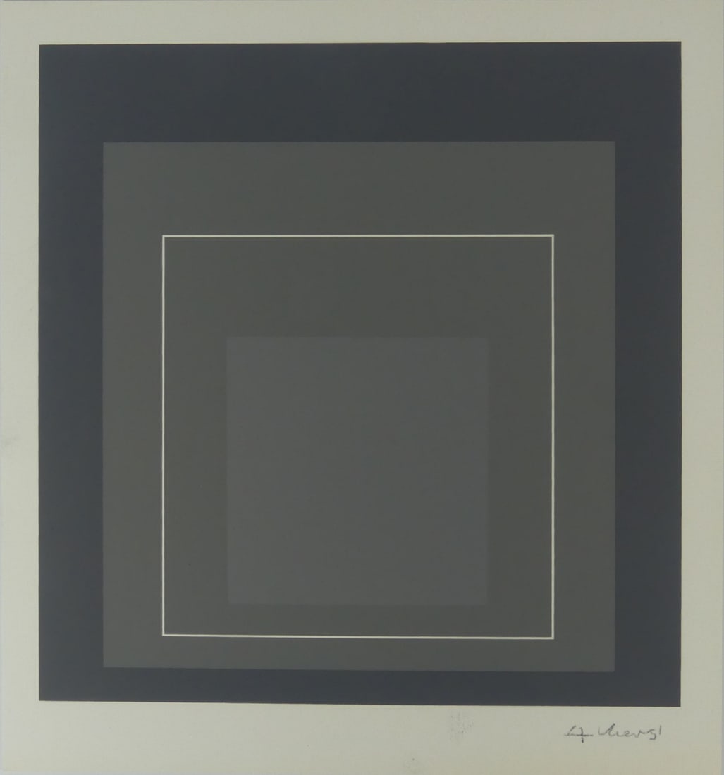 JOSEF ALBERS 'HOMAGE TO THE SQUARE' SIGNED: Josef Albers 'Homage to the Square' silkscreen. Mounted to cardstock. Pencil signed lower right. Measures 10 1/4" x 9 7/8".