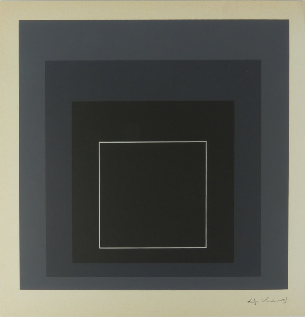 JOSEF ALBERS 'HOMAGE TO THE SQUARE' SIGNED: Josef Albers 'Homage to the Square' silkscreen. Mounted to cardstock. Pencil signed lower right. Measures 10 3/8" x 10".