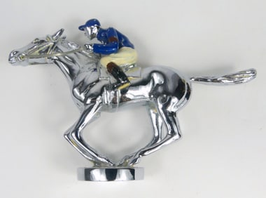 LOUIS LEJEUNE CHROME JOCKEY & HORSE HOOD ORNAMENT
