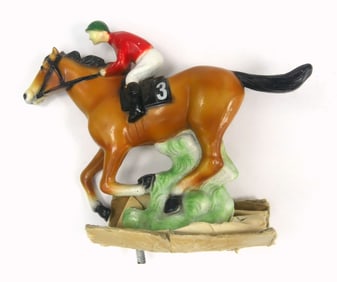 PAINTED CAST IRON JOCKEY & HORSE HOOD ORNAMENT