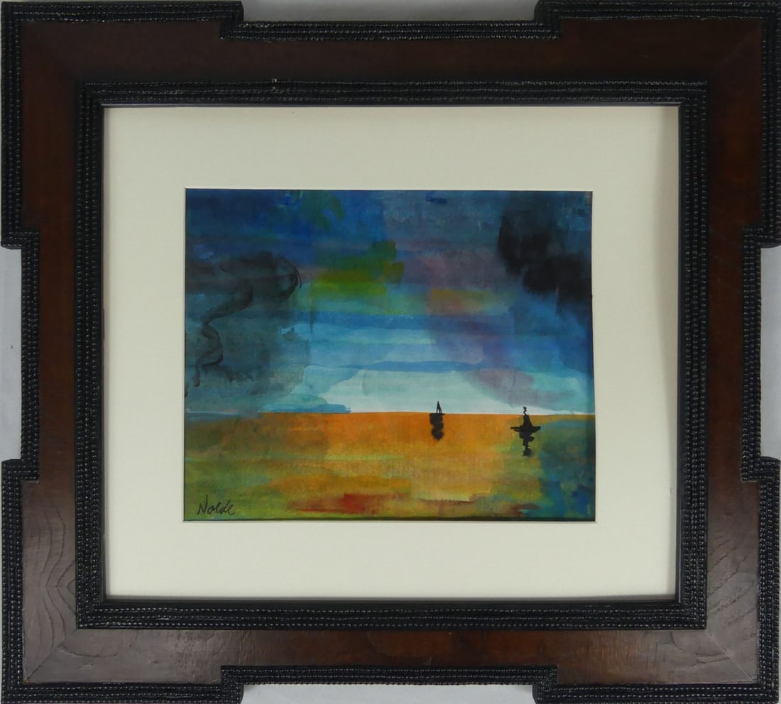 EMIL NOLDE 'ALL'ORIZZONTE' WATERCOLOR ON PAPER: Watercolor on paper in the manner of Emil Nolde. Signed lower left. Stamped and holds gallery label to verso. Sheet measures 10 5/8" x 8". Frame measures 18 1/2" x 16 1/2" x 1". Note: glass was damage