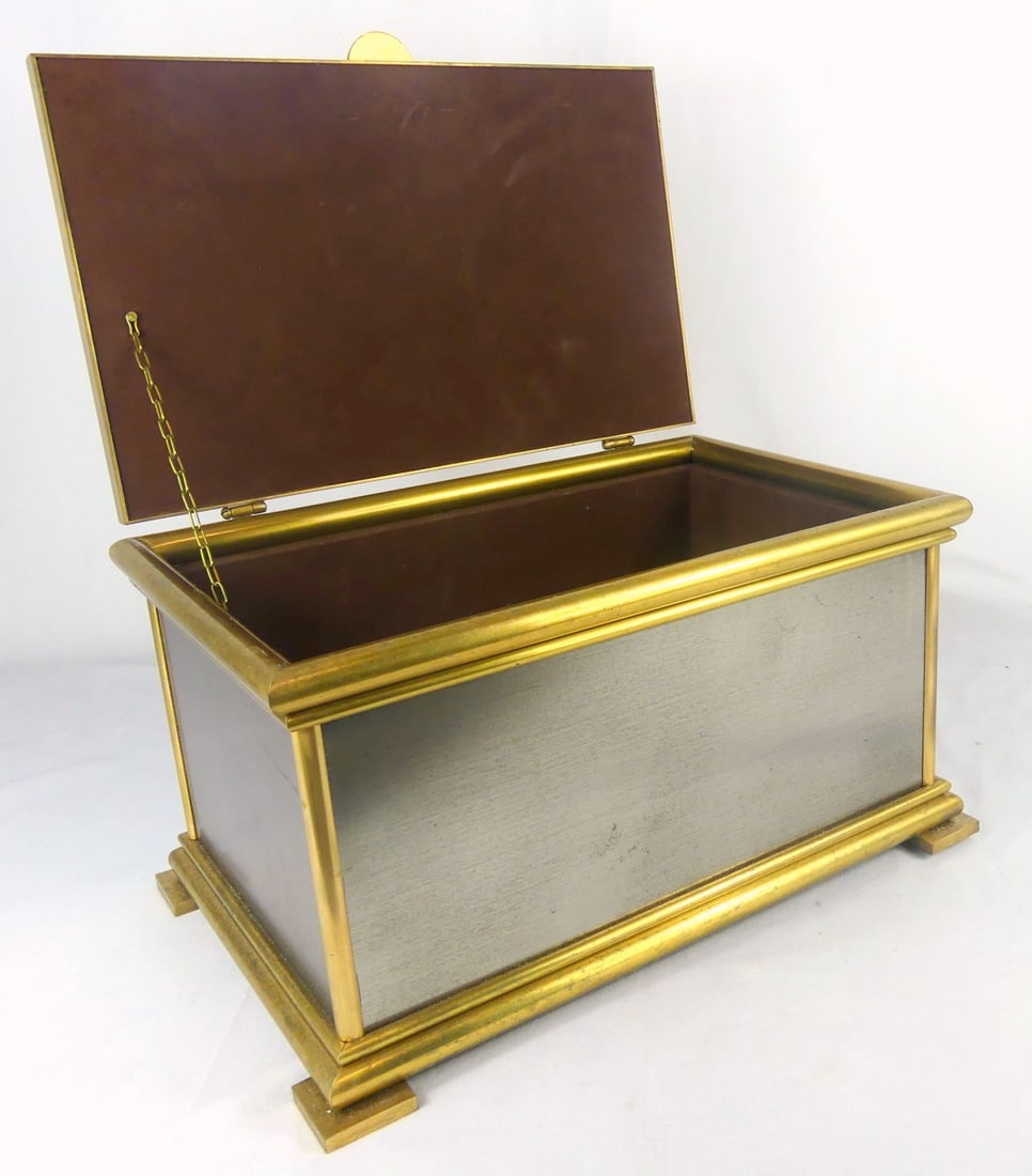 BRASS & STEEL BOX w HINGED COVER: Brass and steel box of rectangular form having a wooden underside and velvet (?) lining. Measures 15 1/2" x 10" x 8 3/4".