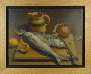 FRANK LILJEGREN 'STILL LIFE w FISH' OIL ON CANVAS