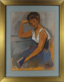 LAMBRO AHLAS 'LADY WITH BOOK' MIXED MEDIA ON PAPER