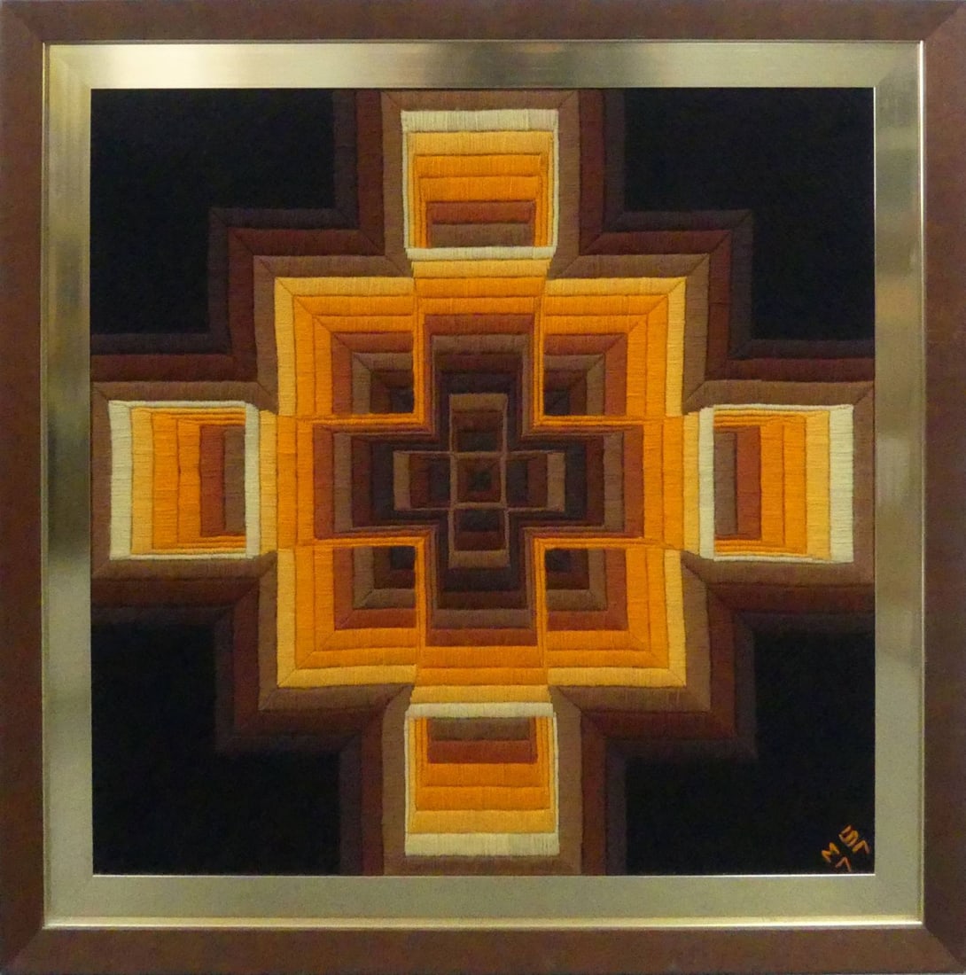 SIGNED RETRO FRAMED EMBROIDERY: Framed Retro embroidery / tapestry. Signed and dated 1977 lower right. Frame measures 36" x 36" x 11 1/4".