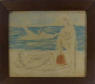 PABLO PICASSO 'THREE BATHERS' PASTEL & PENCIL